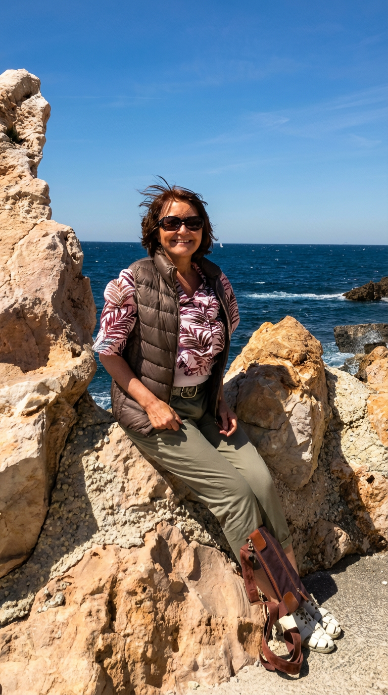 Bandol, avril 2018. Lors d’une balade autour des calanques, on découvre ce spot face à la mer. On s’arrête, je dis : « Maman, on prend une photo ». À peine assise, je déclenche. Elle sourit et me dit : « Mais tu as été trop rapide ». Je lui réponds : « Non Maman, c’est exactement ce que je voulais : un instant spontané ». Un moment simple, vrai, et précieux.